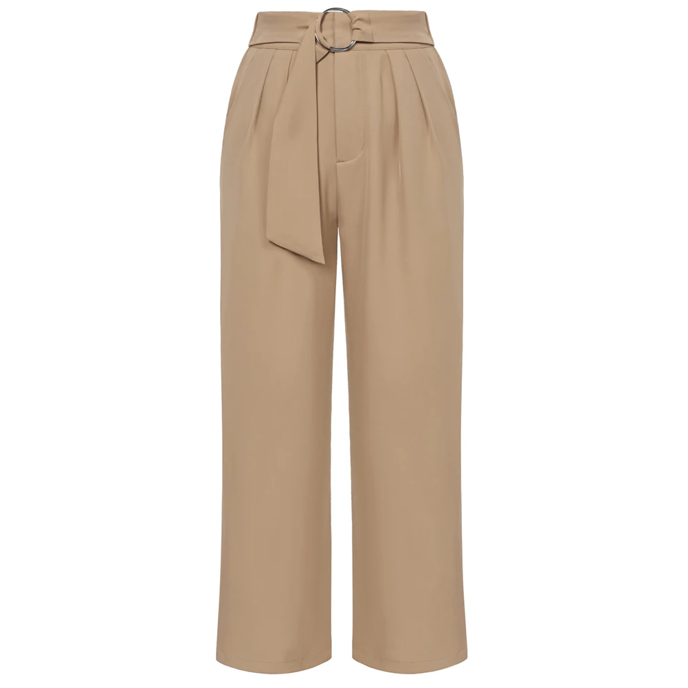 GK Women Straight Leg Capris OL Elastic Waist Cropped Length Pants With Belt Pockets Decor Fashion Office Lady Casual Trousers