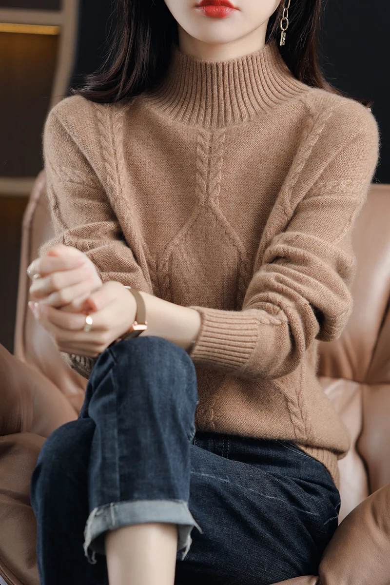 100% 퓨어 울 여성용 세미 하이 넥 루즈 단색 풀오버, 따뜻하고 두꺼운 심플 패션 니트웨어, 가을 및 겨울 신상