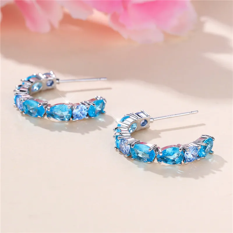 Luxury Female Blue Stone Stud Earrings Silver Color Zircon Wedding Jewelry For Women