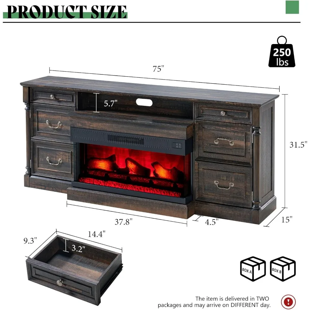 75" Fireplace TV Stand, Large TVs Stands with 36" Fireplace, with Solid Wood Roman Column, 2 Drawers & Cabinets Storage TV Stand 2