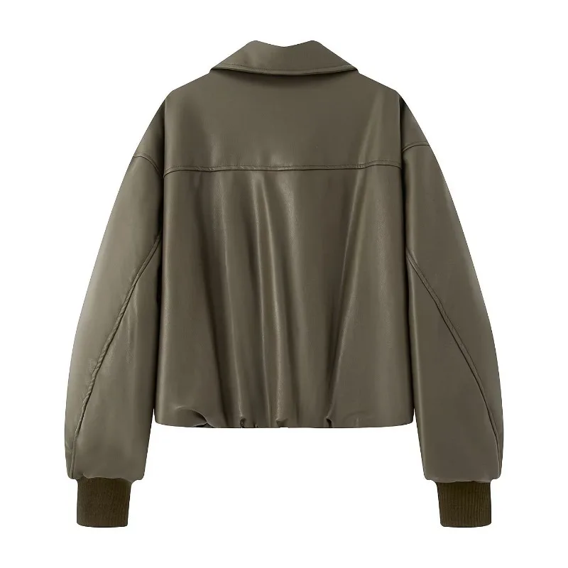 Trend Vintage Green Long Sleeve Lapel PU Leather Jacket Women Short Coat Zipper Button Spring Autumn High Street Outerwear Tops