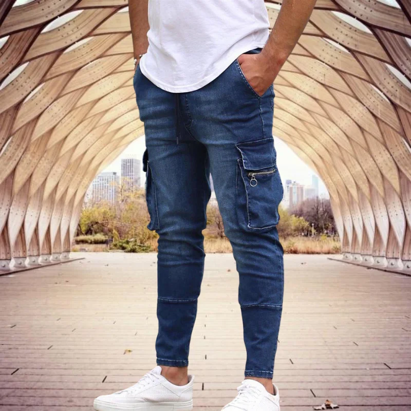 

Джинсы-карго мужские с множеством карманов, эластичные брюки Slim Fit, повседневные байкерские штаны, уличная одежда, синие Черные