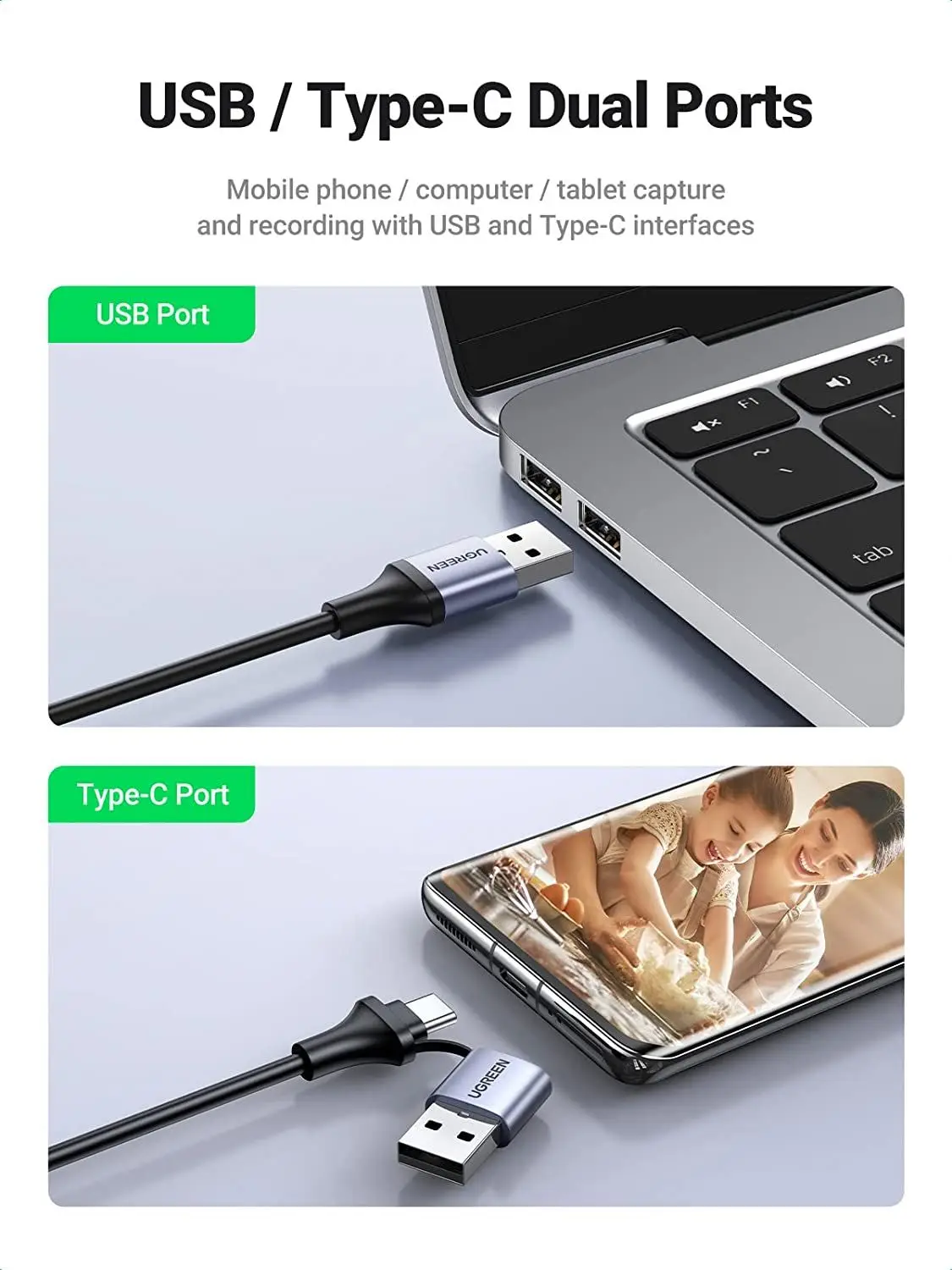 UGREEN 비디오 캡처 카드 4K HD-MI to USB-A/USB-C HD-MI 캡처 카드 풀 HD 1080P USB 2.0 비디오 및 오디오 녹화