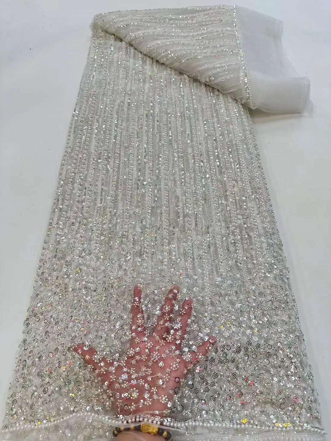 

White African Sequins Beads Lace Fabric High Quality Embroidery French Groom Lace Nigerian Tulle Lace For Party Dress Sewing