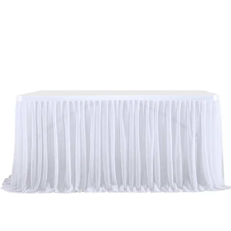 Table Skirt Glitter Pearl Chiffon Table Skirt 4FT/6FT/9FT/14FT Guaze Ruffle Dining Table Skirt For Wedding Party Dessert Banquet Decor