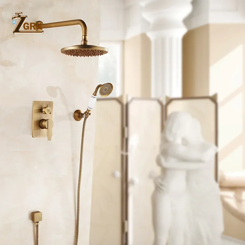 ZGRK Concealed Bathroom Shower Faucet Wall Mount Bath Shower Mixer Tap Brass Antique 8" Rainfall with Handshower Set
