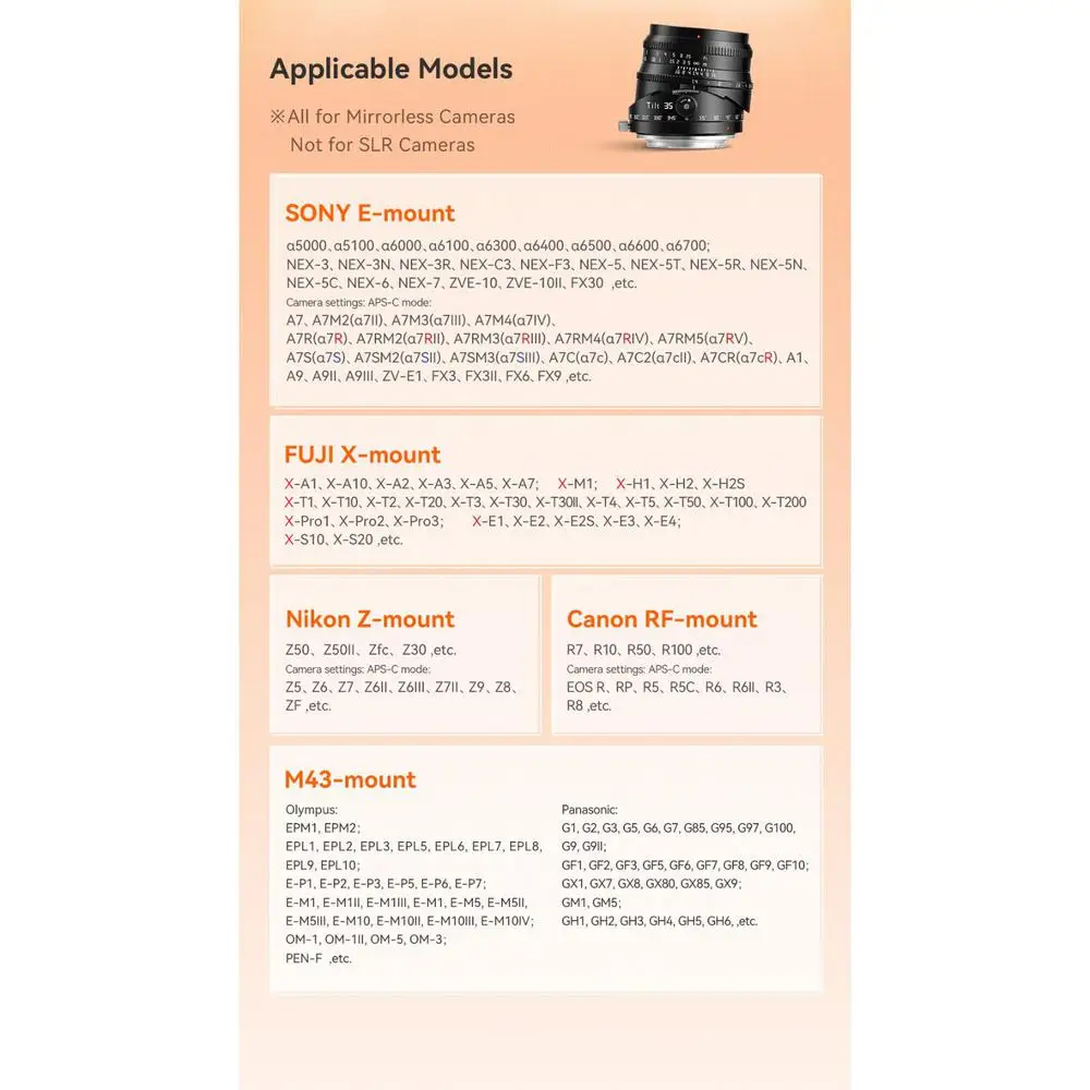 Tilt 35mm F1.4 APS-C E X Z RF M43 mount for Sony zve10 Fuji XT5 Nikon ZFC Canon