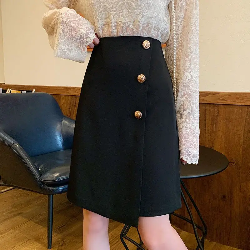 Summer Fashion Solid Casual Girl Slim Women's A-Line Dress School Ofice-Lady Soft Button Short Tweed Straight Skirt