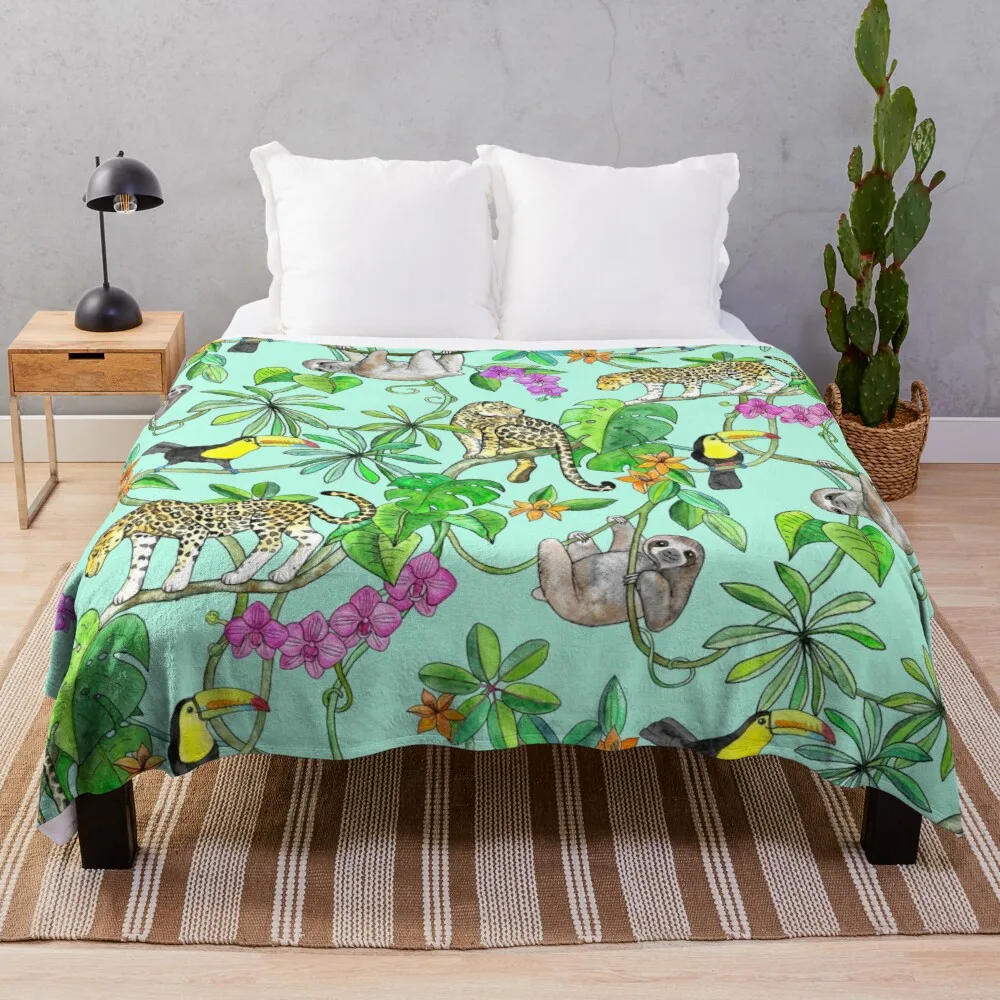 

Rainforest Friends - watercolor animals on mint green Throw Blanket