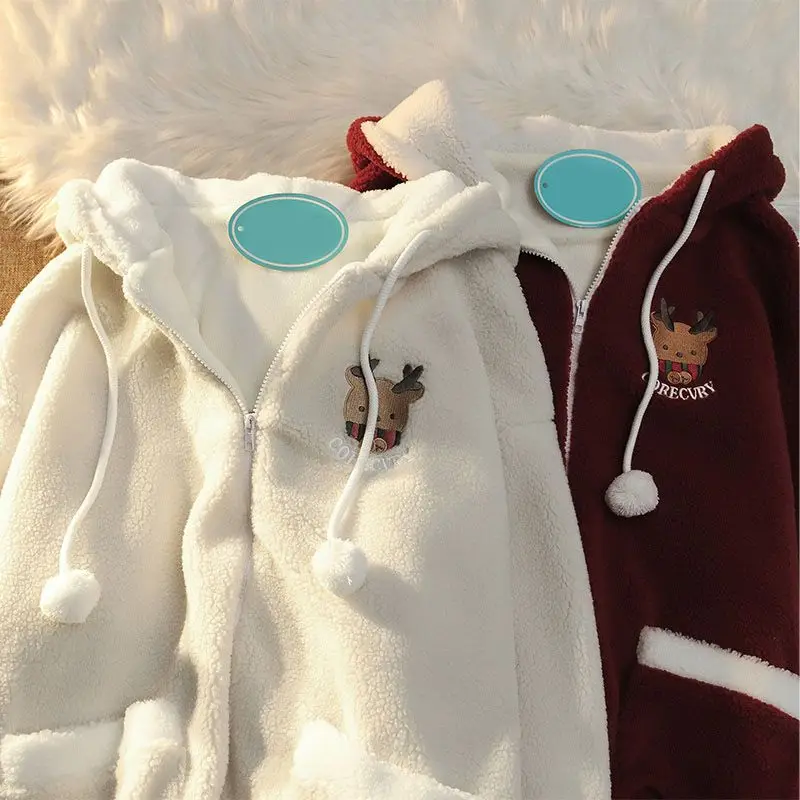 Japanese Oversize Christmas Elk Lamb Fleece Cotton Dress Men's and Women's Winter Hoodie Streetwear Women Kawaii Y2k Clothes