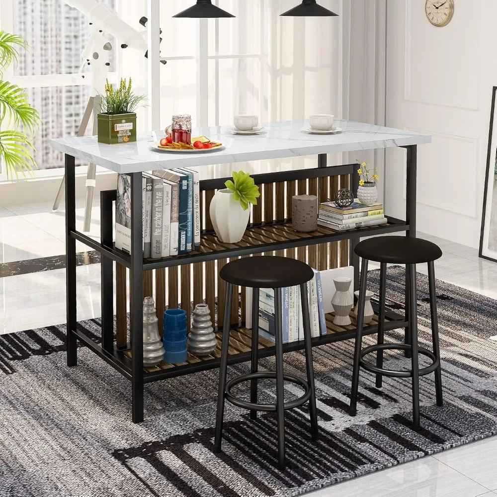 Kitchen Island with Seating & Storage Shelf, Faux Marble Island Table for Kitchen, Modern Bar Table and Chairs Set for 2,Dining 3