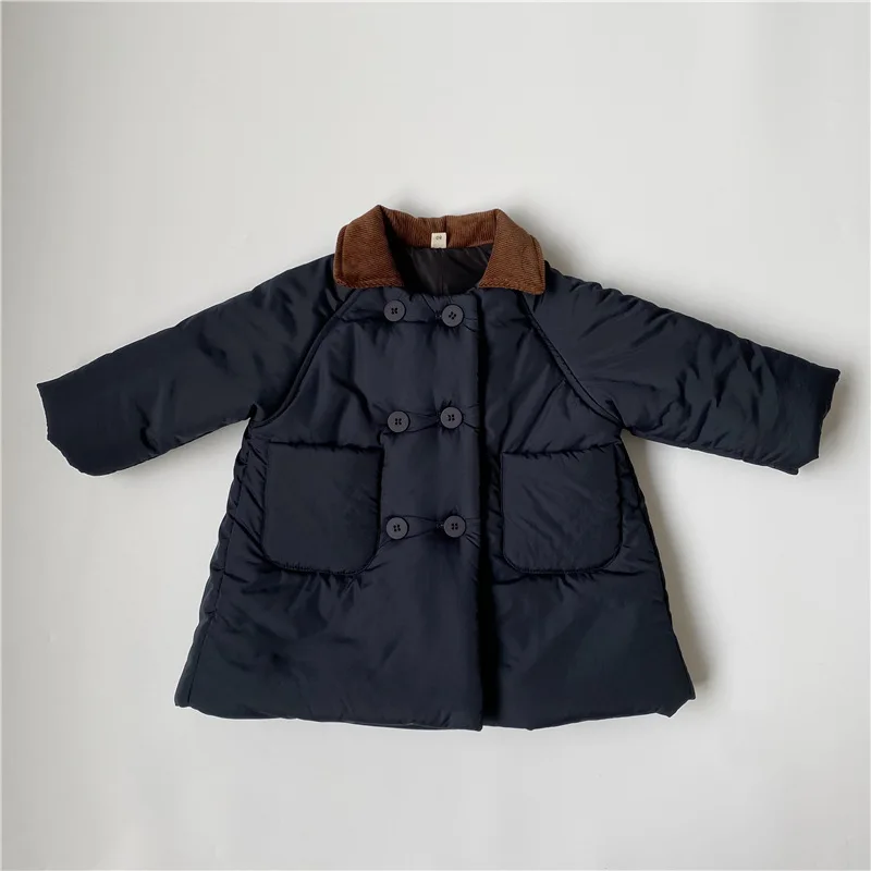Winter New Product: Children's Collar Long Cotton Jacket, Double breasted Mid length Coat for Boys and Girls, Baby