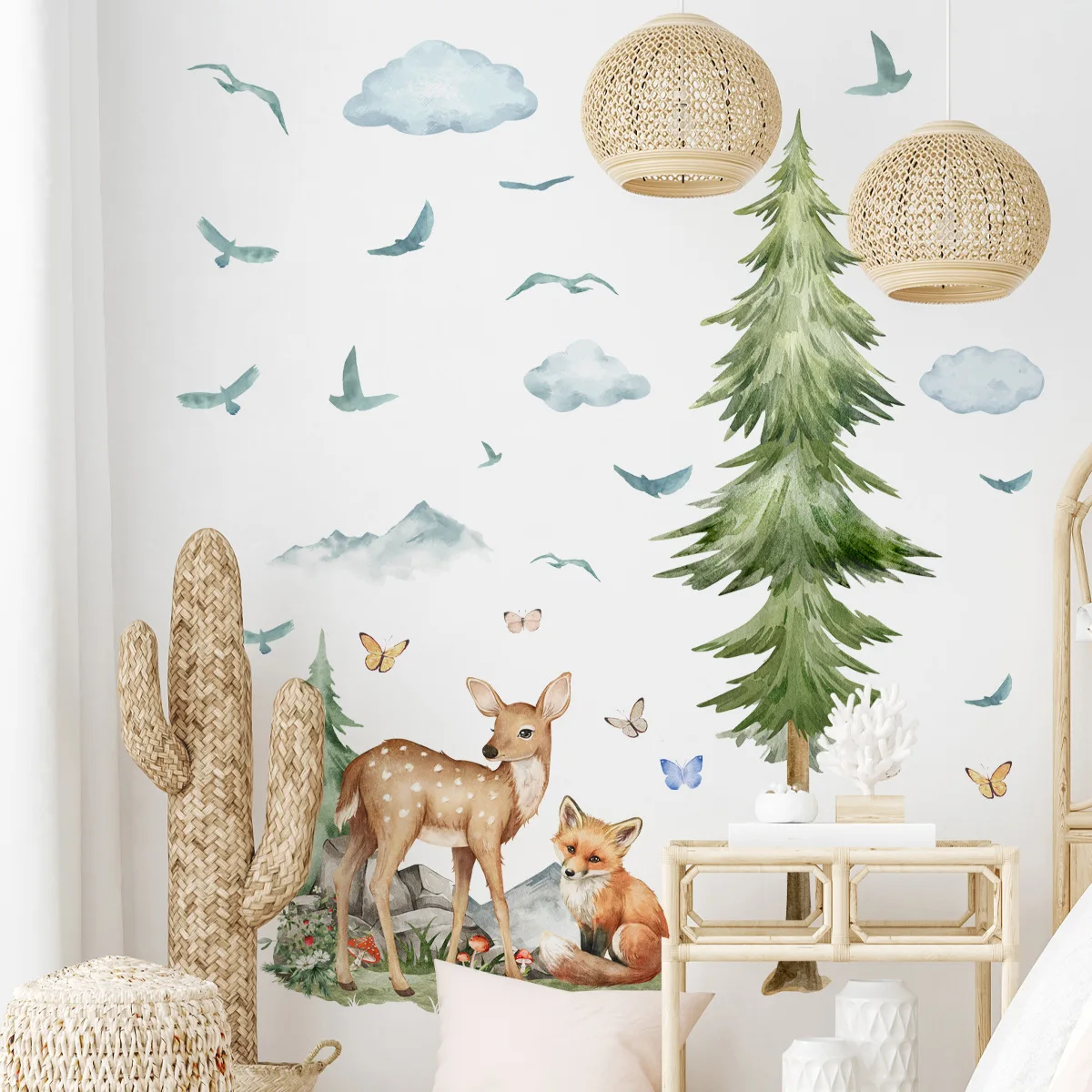 Forest Friends Self-Adhesive Wall Decals 2-Piece Cartoon Animal Wall Stickers Set with Deer Fox Geese Trees for Kids' Room Decor