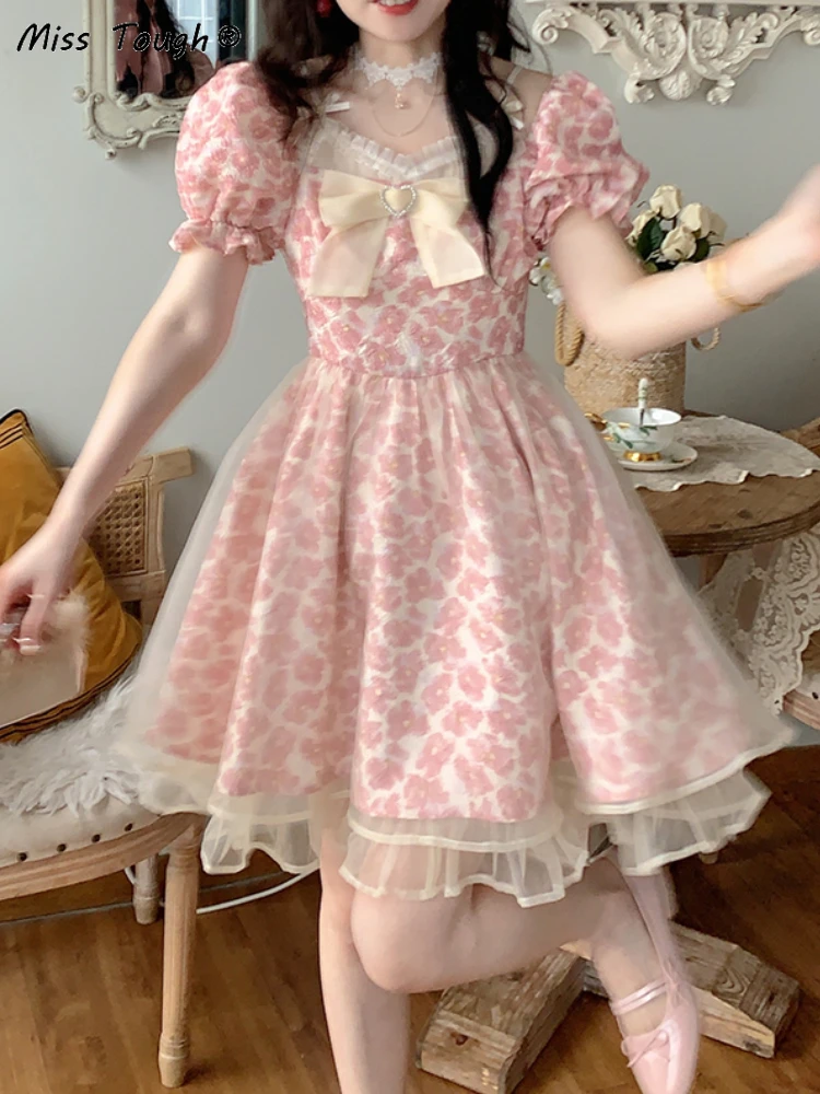 Summer Floral Sweet Kawaii Dress Women Print Korean Style