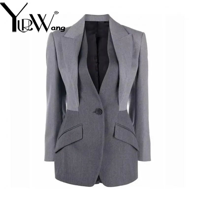 

Getspring Women Blazer Asymmetry Patchwork Gray Jacket Blazers Irregular Color Matching Fashion Vintage Suit Coats 2024 New