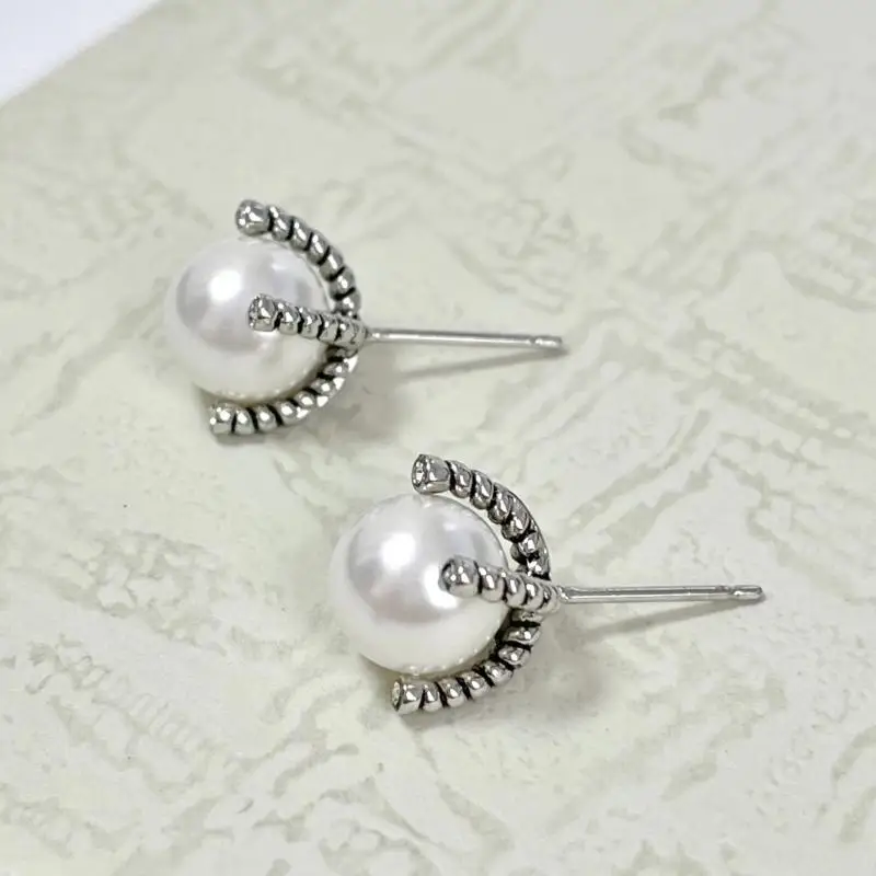 

925 Sterling DY Gold Hook Twisted Wire Buckle Pearl Earrings Silver with 14K Yellow Plated