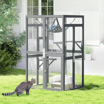 Upgraded Catio Outdoor Cat Enclosure Window Access,Wooden Catio for Cats Indoor Patio Garden(Grey) 2
