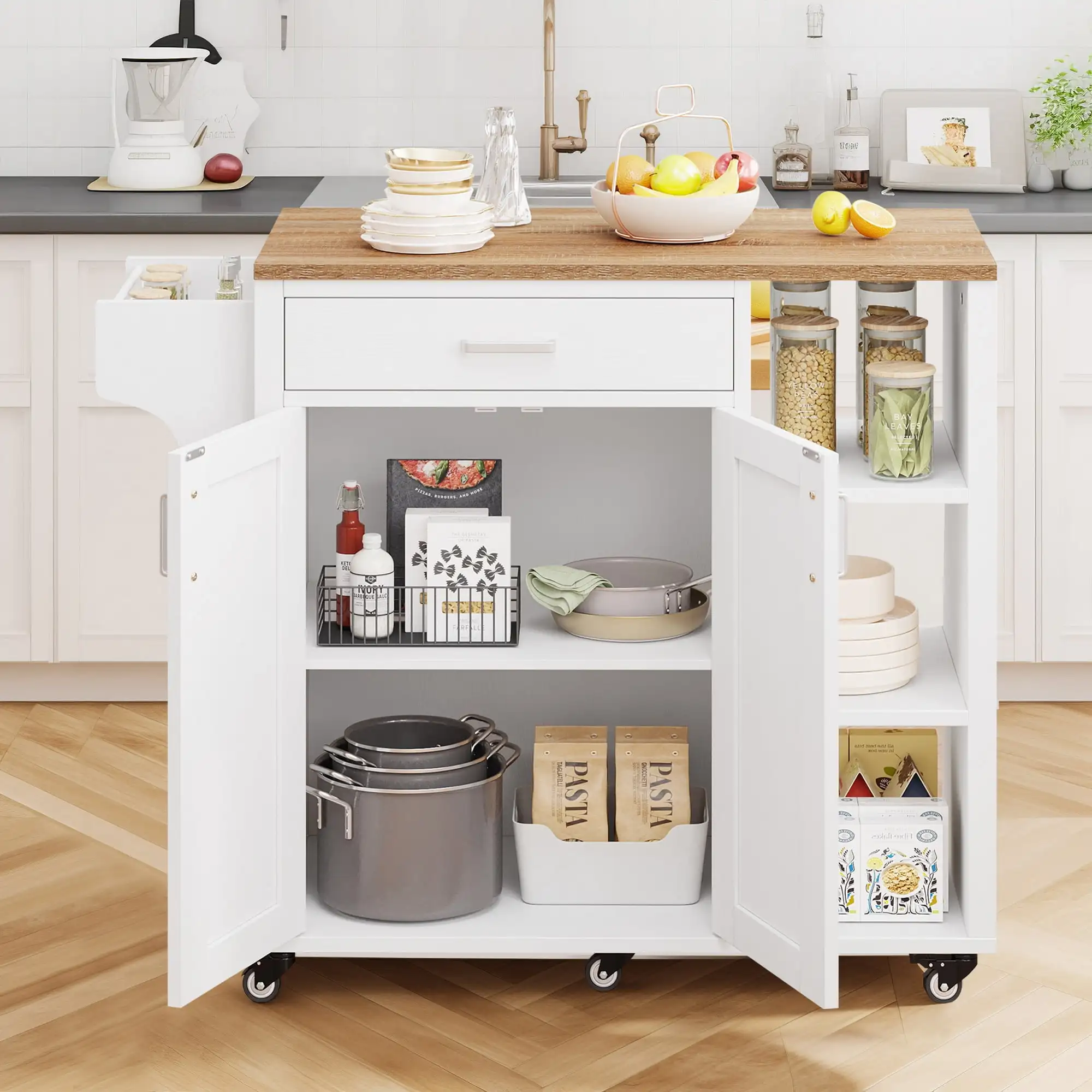 

37" Kitchen Island Cart with Storage Cabinet and Drawer, Kitchen Storage Cart with 3-Layer Opening Shelves & Spice Rack