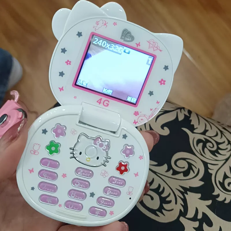 2023 New Kawaii Sanrio Hello Kitty Flip Phone Cartoon Cute Children White  Pink Mini Phone Birthday