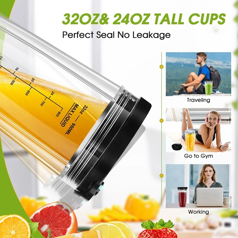 Blender Replacement Parts For Ninja, 32Oz & 24Oz Ninja Blender Cups Replacement With To-Go Lids & 7-Fins Extractor Blade 2