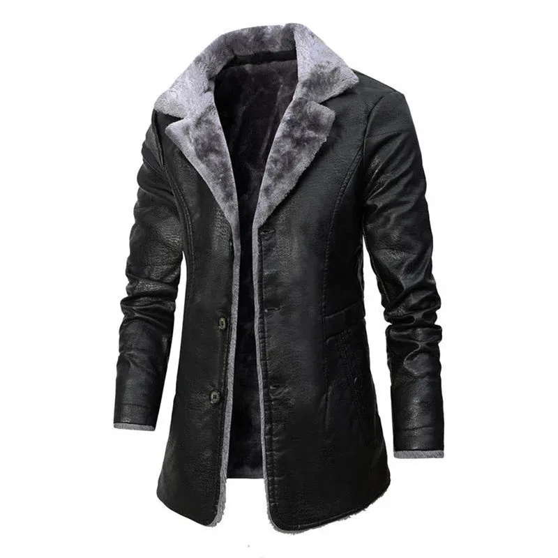 

Shearling Smart Casual Faux Leather Jackets New Plush Warm Single Breasted Outerwear Winter Turn-Down Collar Male Coats