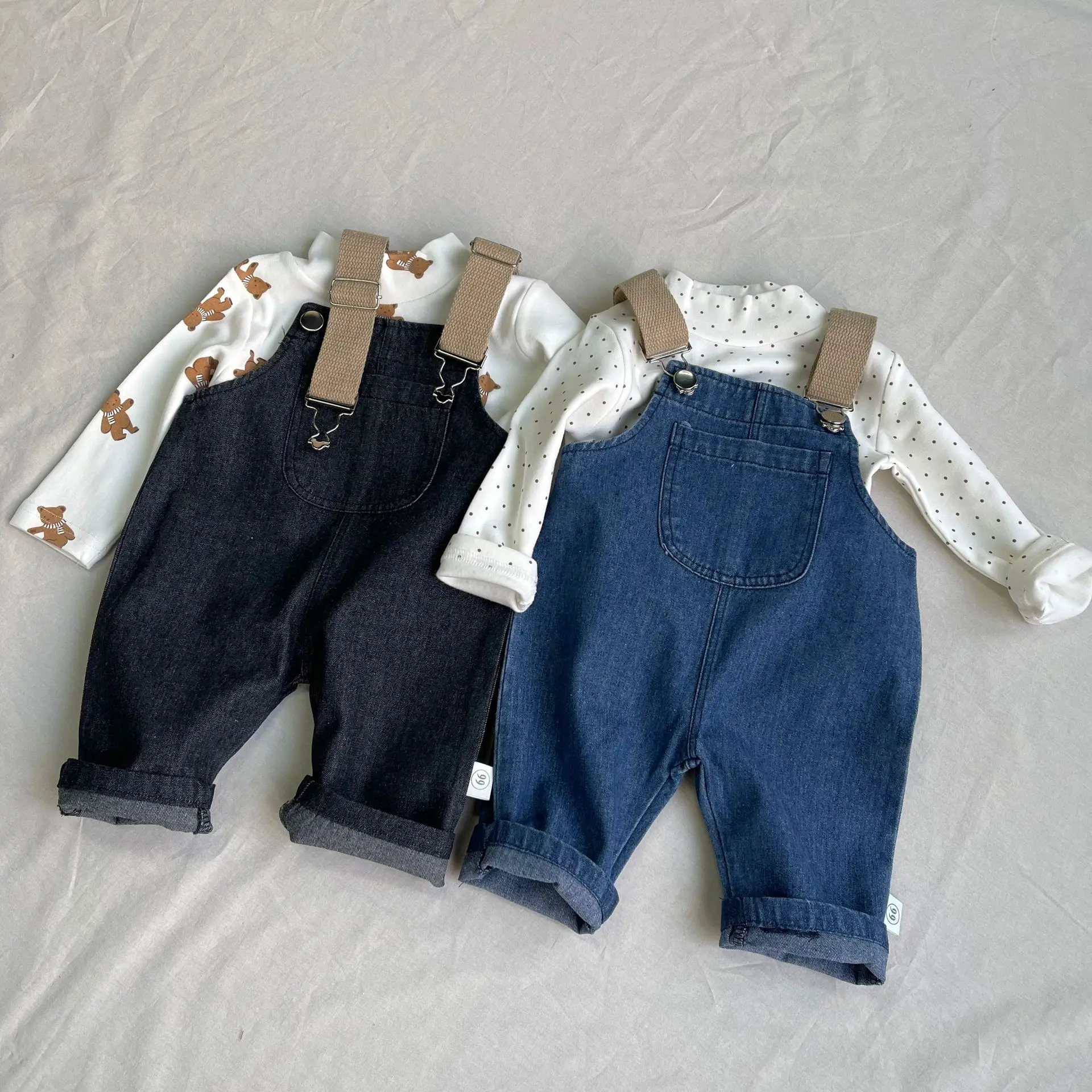 2025 Spring New Baby Fashion Denim Overalls Infant Boy Loose Strap Trousers Girls Solid Versatile Casual Pants Toddler Jeans
