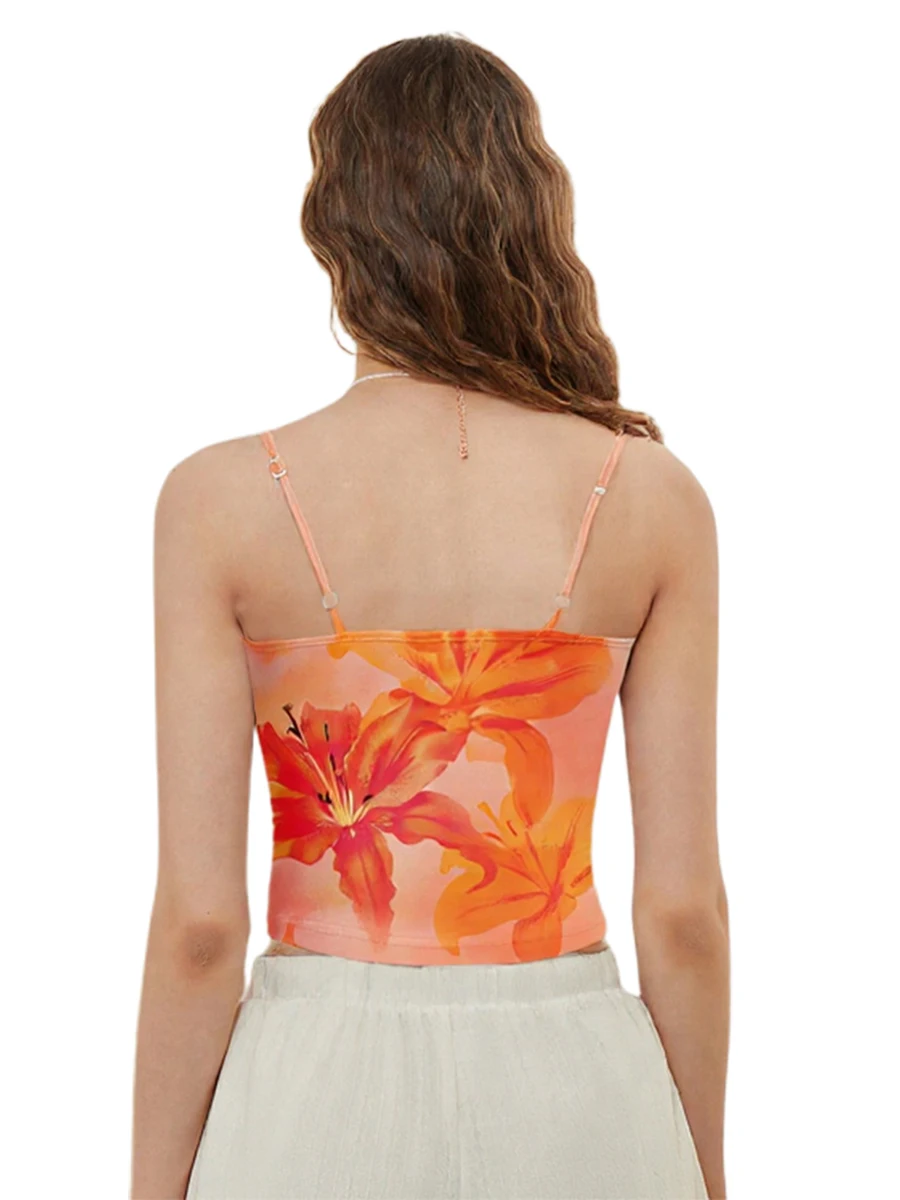 Women s Boho Style Off-Shoulder Ruffle Crop Tops Floral Print Summer Vacation Beach Camisole Tank Tops  Fit Square Neck