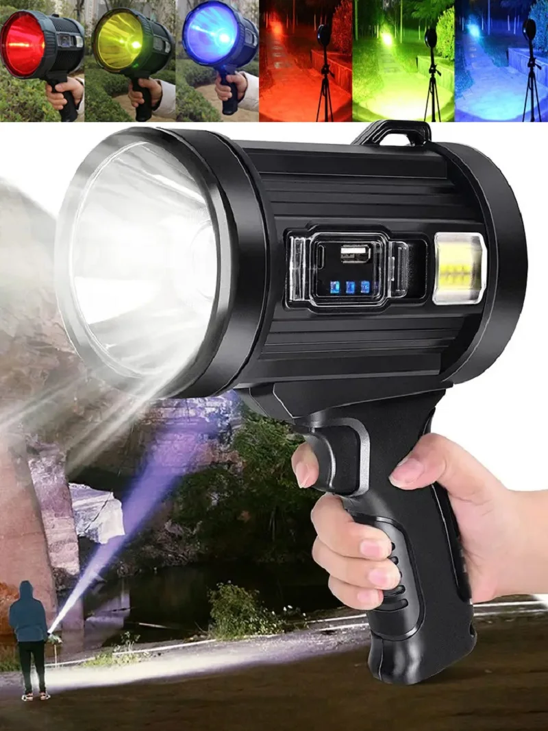 Super Bright LED Flashlight Solar USB Chargeable Searchlight Powerful Portable Lighting Torch Spotlight  Power Bank Camping Lamp