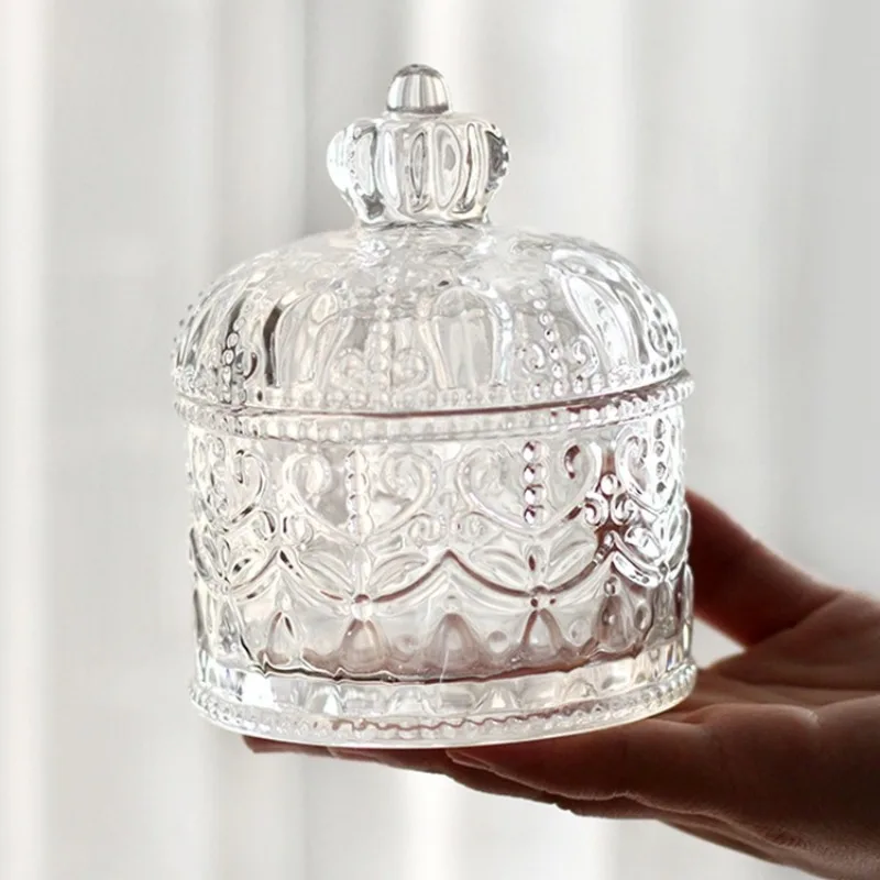 Creative Clear Glass Storage Jar Crown Embossed Glass Crystal Tea Jar Candy Storage Box with Lid Cotton Swab Box Home Decoration 5
