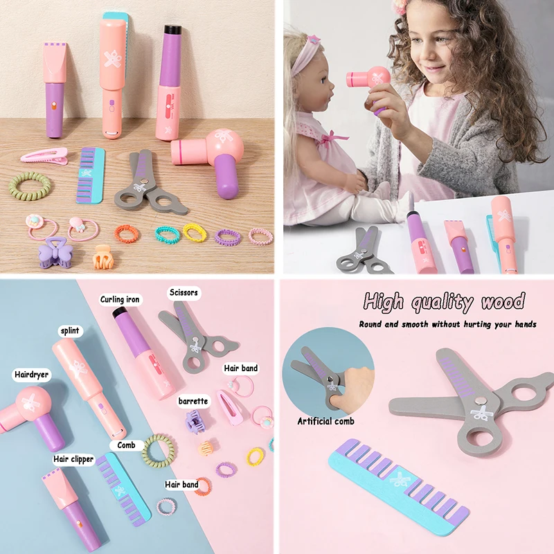 Wooden Makeup Haircut Toy Beauty Fashion Salon Playset Games Combs Hair Dryer Pretend Play House Barber Makeup Kit for Kids