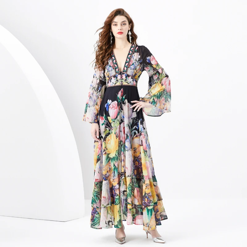 

Spring Vintage Court Style Deep V-Neck Dress Women Design Sense Flared Sleeves Slim Fit Long Printed Chiffon Ruffle Edge Skirt