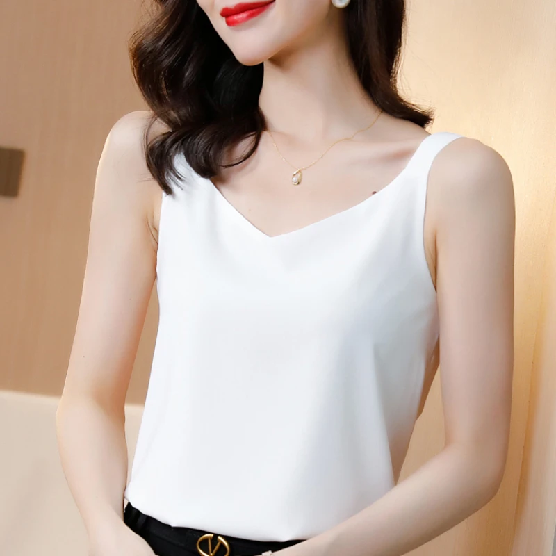 Chiffon Blouse for Women V-neck Tank Tops Female Clothing Basic Camisole Office Lady Tops Solid Sleeveless Backless Womens Tops women summer vest v neck sleeveless solid color tank tops loose fit smooth fabric camisole casual pullover tops