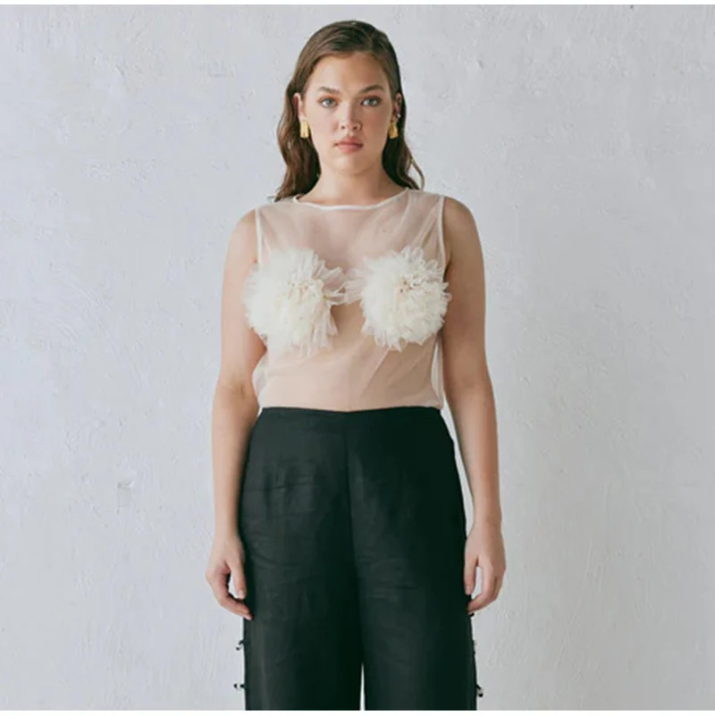 Sexy Mesh Hollow Out Vests Women Vintage 3D Flowers Sleeveless Solid Smock Vest Top Female Spring Elegant Chic Street Tops