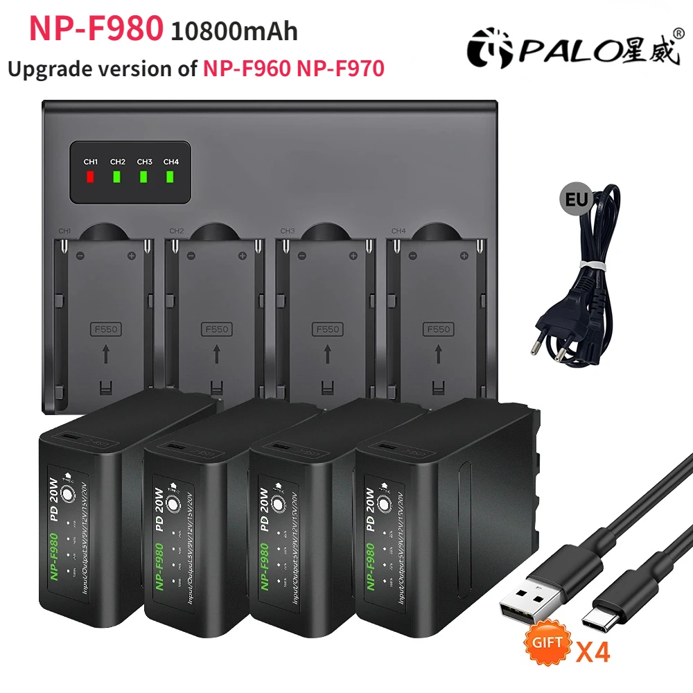 Palo 10800Mah Np-F960 Np-F970 Batteria Aggiornata Np-F980 Per Batteria Sony Hvr-Hd1000 Hvr-Hd1000E Hvr-V1J Con Caricabatterie Rapido Usb