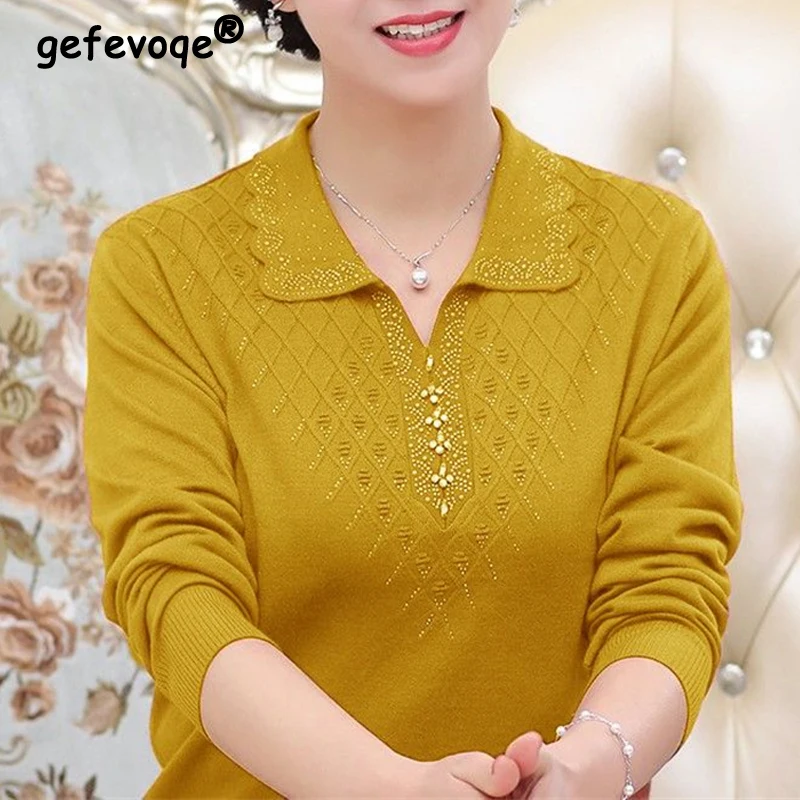 

Middle-aged and Elderly Women's Clothing Rhinestone Elegant Knitted Sweater Ladies Solid Loose Long Sleeve Pullover Tops Jumpers
