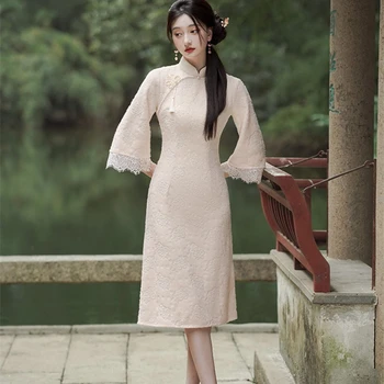 2024 Autunno Inverno Pizzo Ao Dai Abiti Donna Tradizionale Vietnam Cheongsam Abbigliamento Modificato Plus Size Qipao 3XL 23500 1