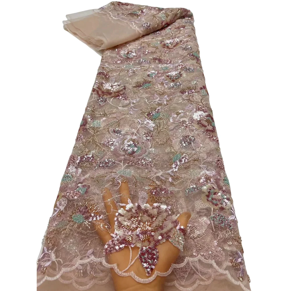 

African ZH-1406251 Sequins Tulle Lace Fabric with beads and sequins Embroidered Nigerian Fabric For Sewing