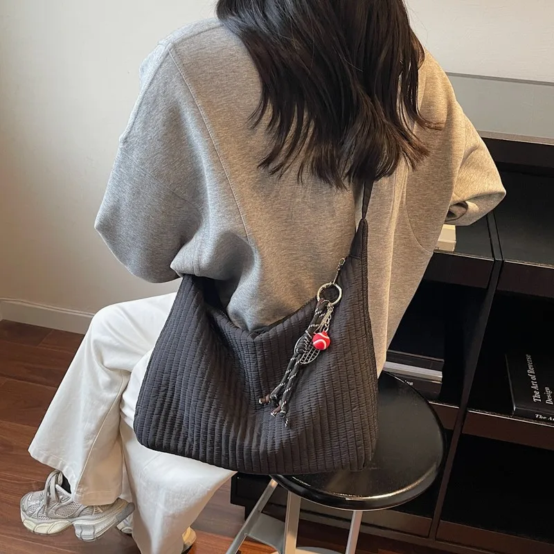 Casual Stitched Tote Bag Large Capacity Quilted Shoulder Bag Solid Color Casual Sling Bag Travel Date Shopping Handbag