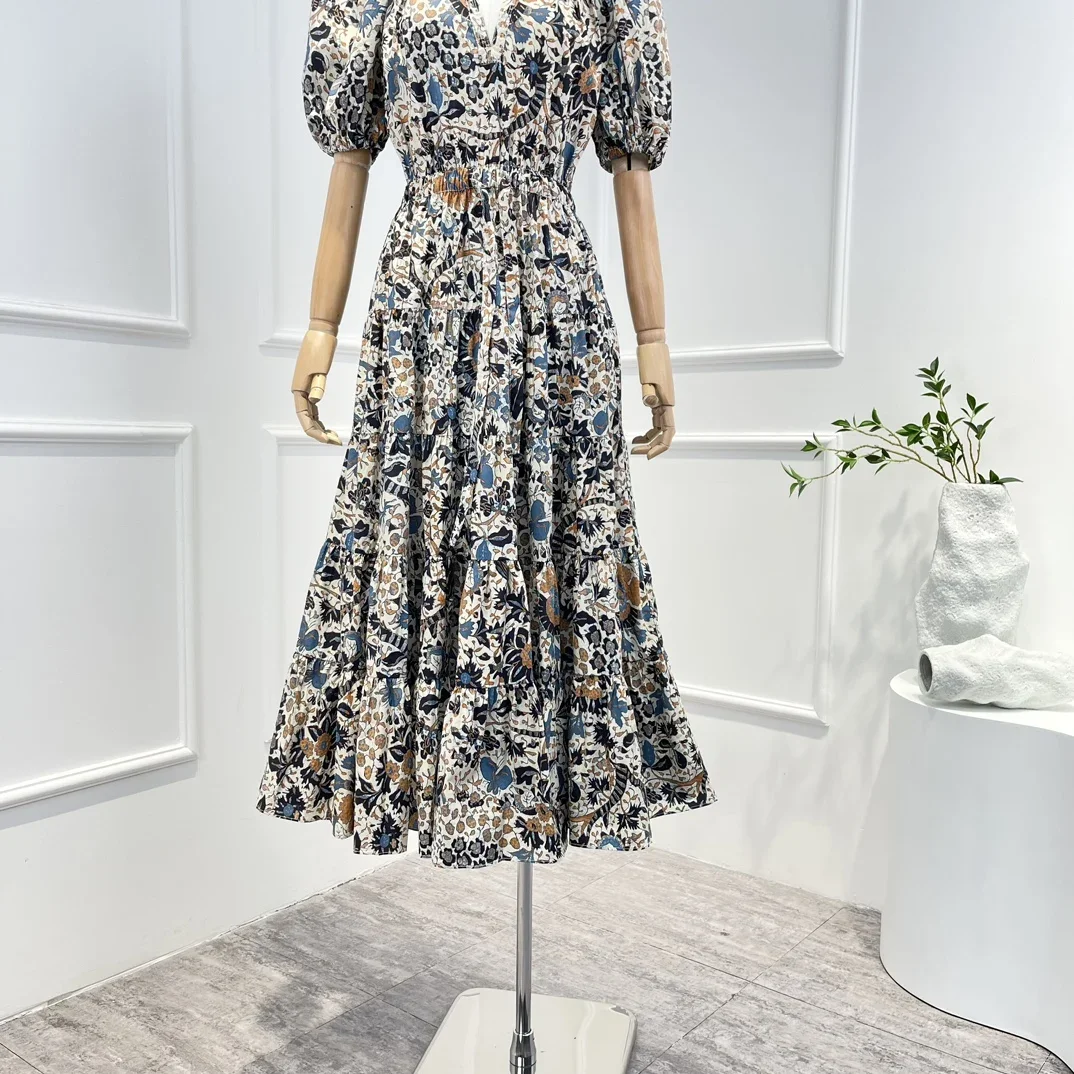 Original 2023 New Arrival V-neck Floral Poplin Lantern Sleeve Midi Dress for Summer Vacation