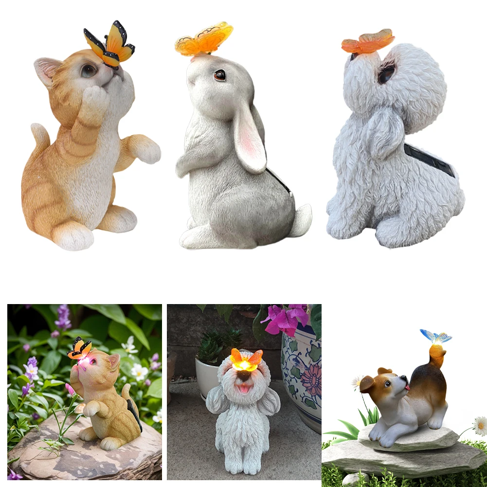 Solar Cat/Rabbit/Dog Butterfly Cute Figurine Light Cartoon Patio Ornamental Lamp Creative Animal Sculptures Light for Patio Lawn