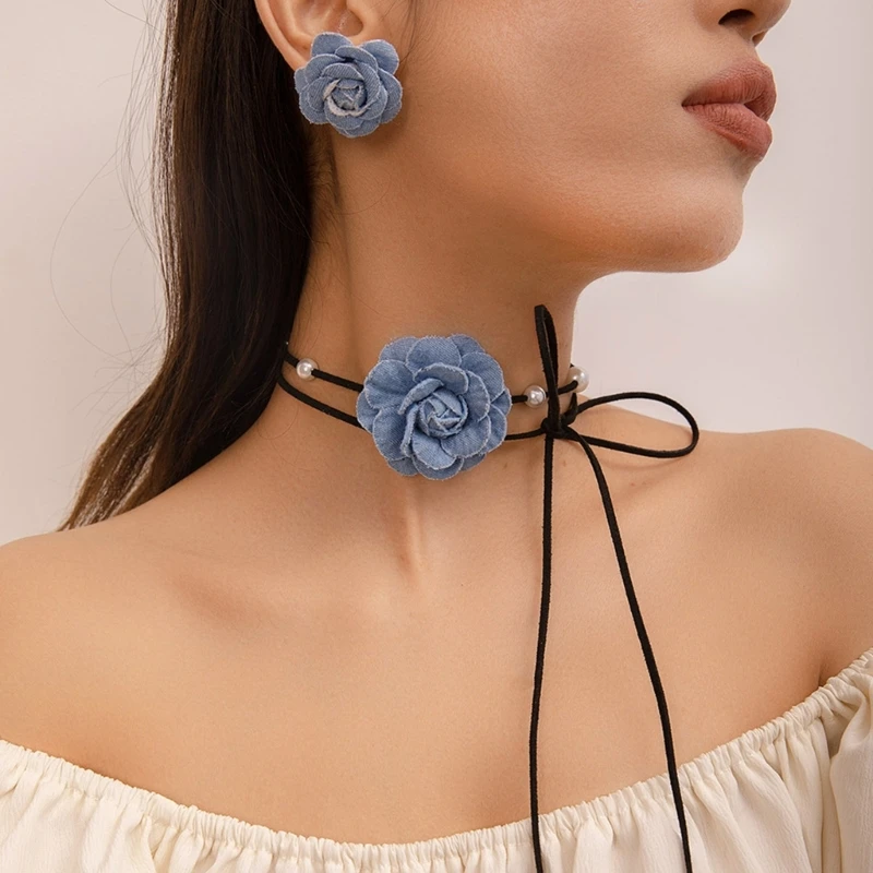 Gothic Big Rose Flower Clavicle Chain Necklace Earrings Lace Up Choker Necklace 2