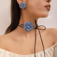 Gothic Big Rose Flower Clavicle Chain Necklace Earrings Lace Up Choker Necklace 2