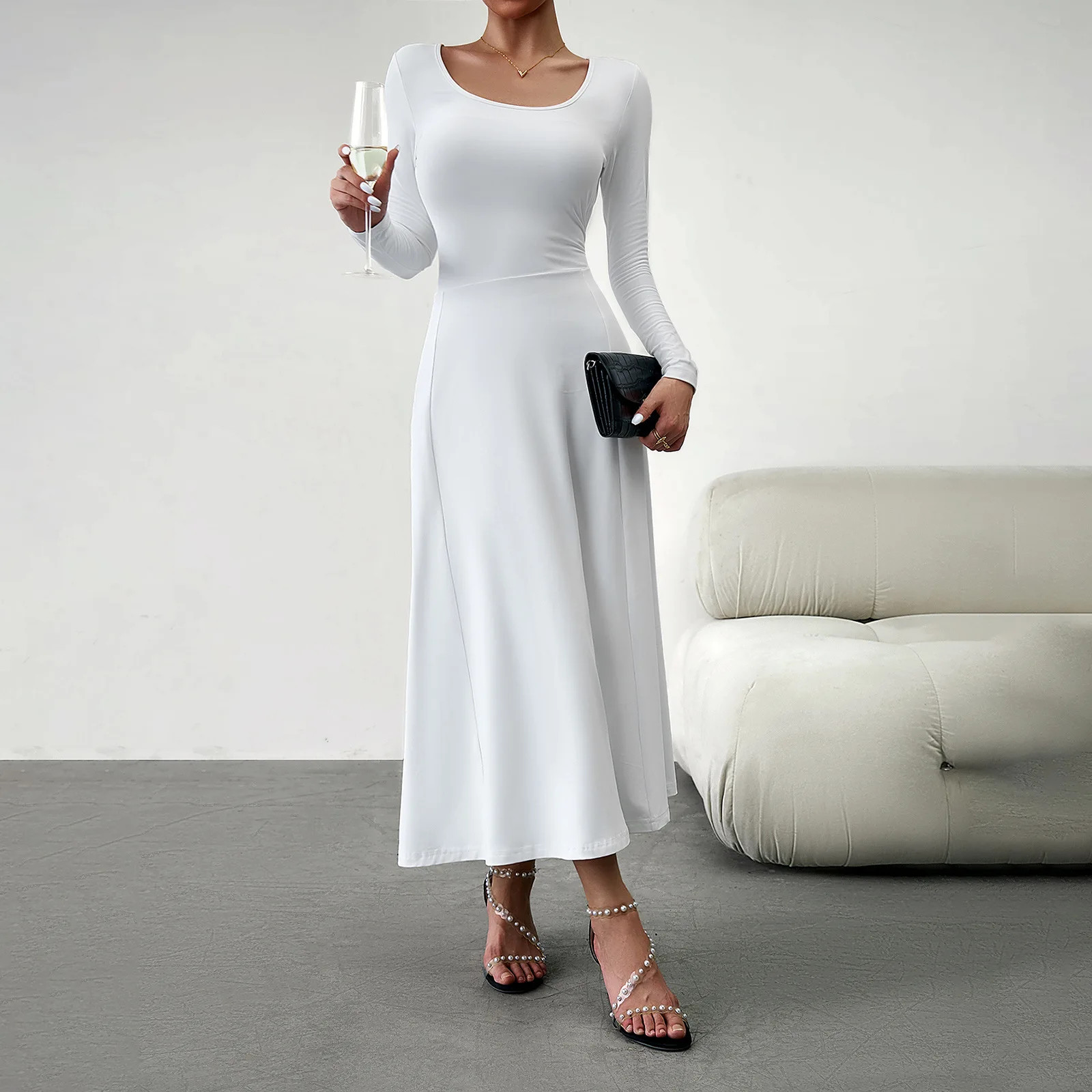 

Women's 2023 Autumn and Winter Solid Color Temperament Elegant Waist Long-sleeved Dress White Dress Women