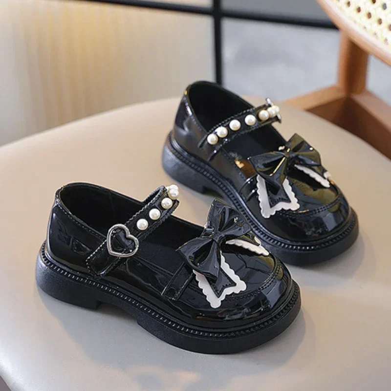 Girls Princess Leather Shoes Spring Autumn Black Children's Flats Fashion Sweet Kids Bowknot Mary Jane Shoes Glossy Thick Bottom