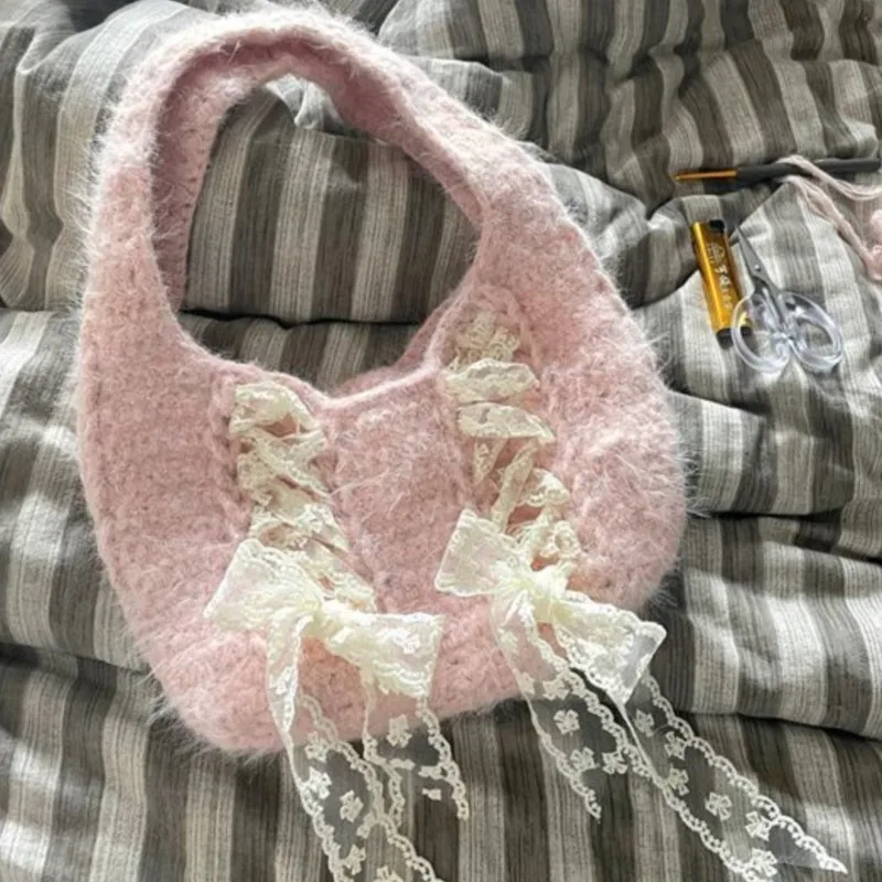 JIAERDI Fairycore Pink Shoulder Bags Women Sweet Lace Bow Chic Knitted Bag Female Vintage Cute Underarm Bag Handbag Aesthetic
