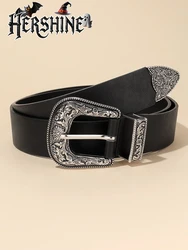 Vintage Silver Floral Buckle Black Leather Belt - Unisex Bohemian Style - L (Black)