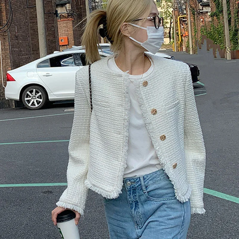 Deeptown Old Money Fashion Tweed Jacket Women Korean Style Chic Elegant Cropped White Jackets Women's Luxury Clothing Aesthetic