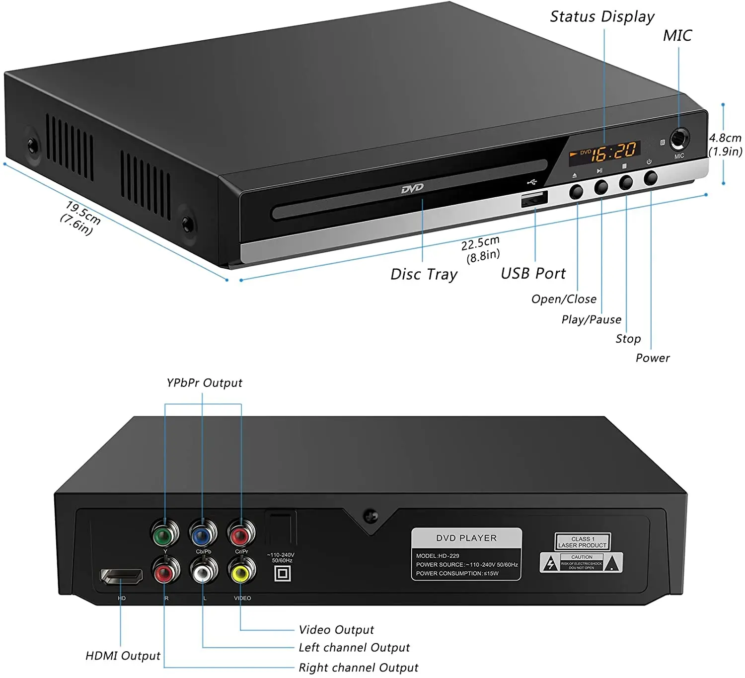 HD-229 Home Portable DVD Player DVD with Remote Control CD Disc Player Digital Multimedia U Disk Playback HD AV Output
