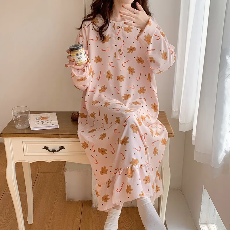 Long Sleeve One-piece Pajamas Spring Thin Cloud Cotton Sleepwear Round Neck Simple Print Nightdress Home Fury Clothing for Women