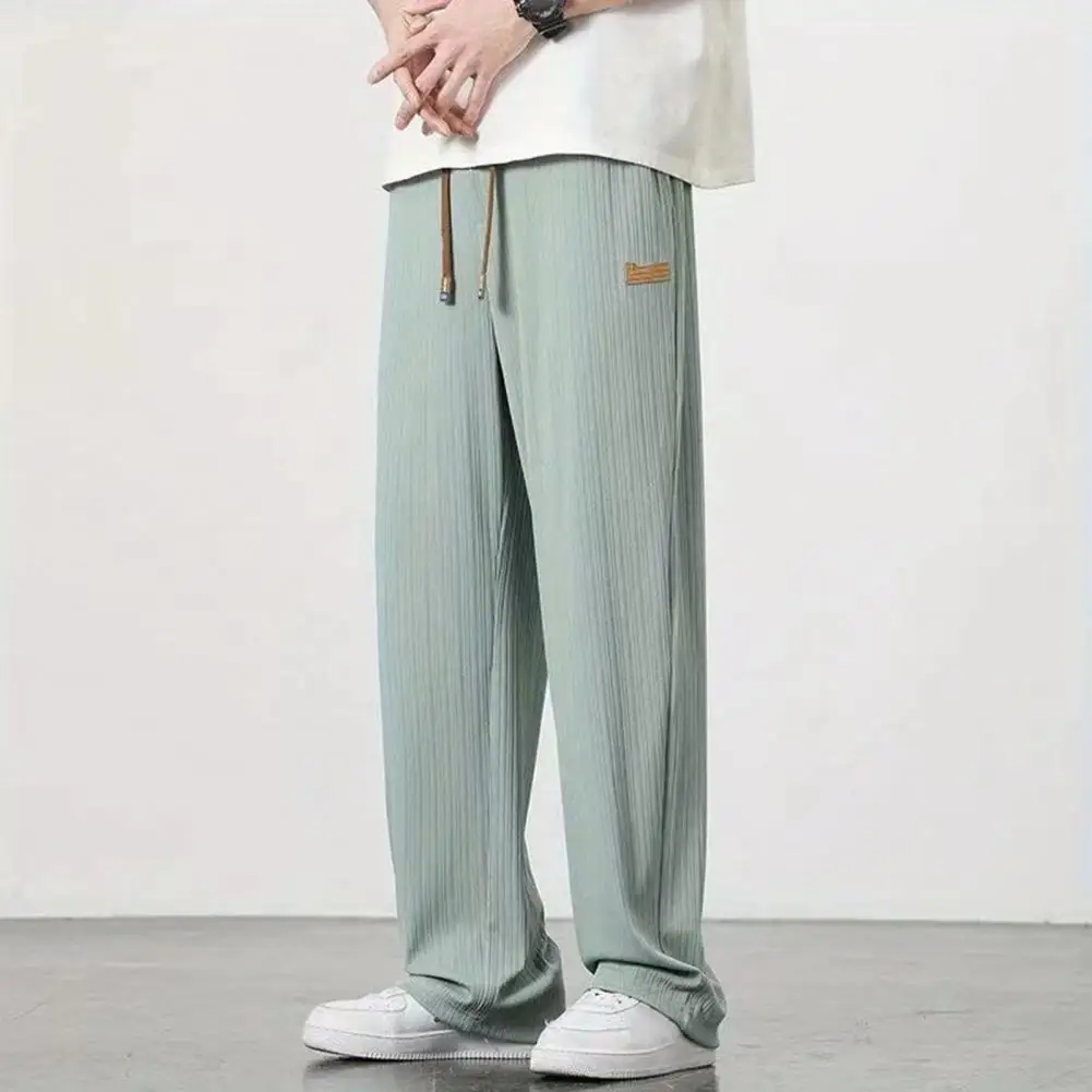 

Men's Wide-leg Straight Ice Silk Side Pocket Japanese Drawstring Elastic Waist Solid Color Fitness Training Jogging Sweatpants